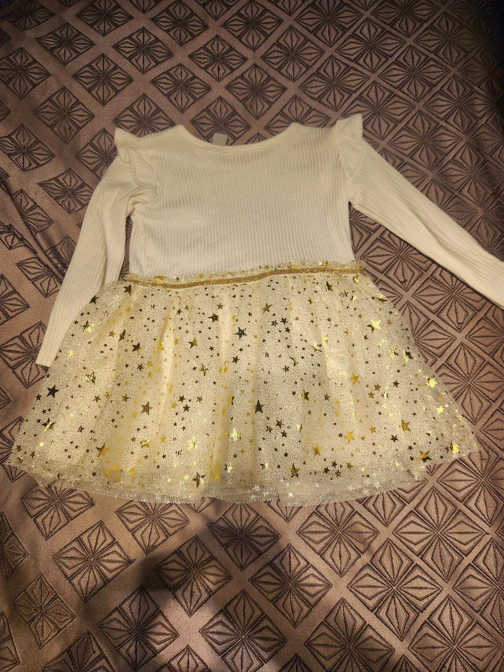 The Children's Place Cream Long-Sleeve Top with Gold Star Tulle Overlay